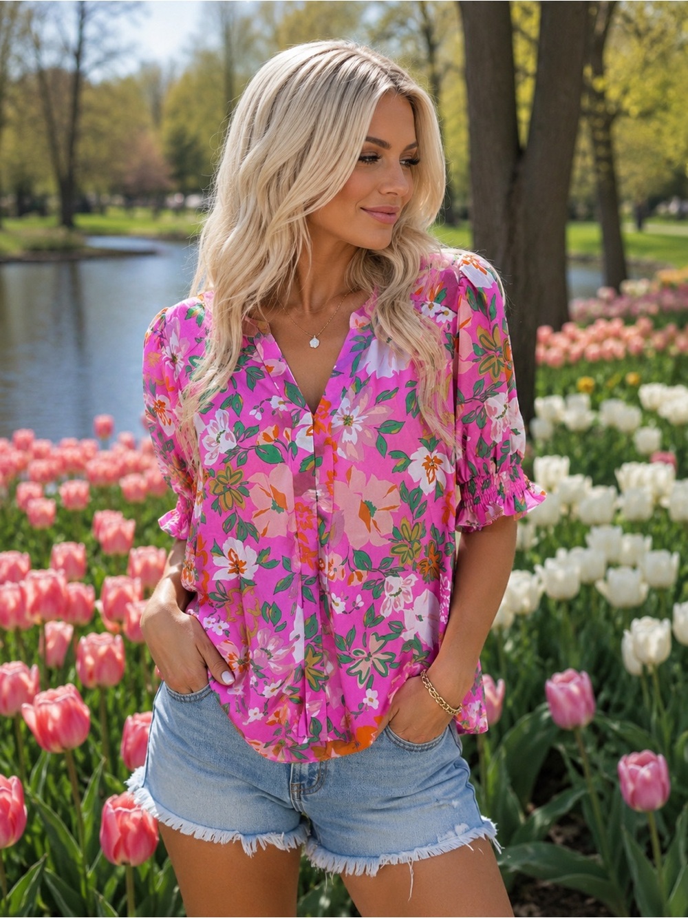 JODIFL Bright Pink Floral V-Neck Ruffle Sleeve Blouse